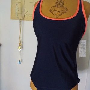 Aqua Tech Navy/Coral One Piece Swim Suit NWT